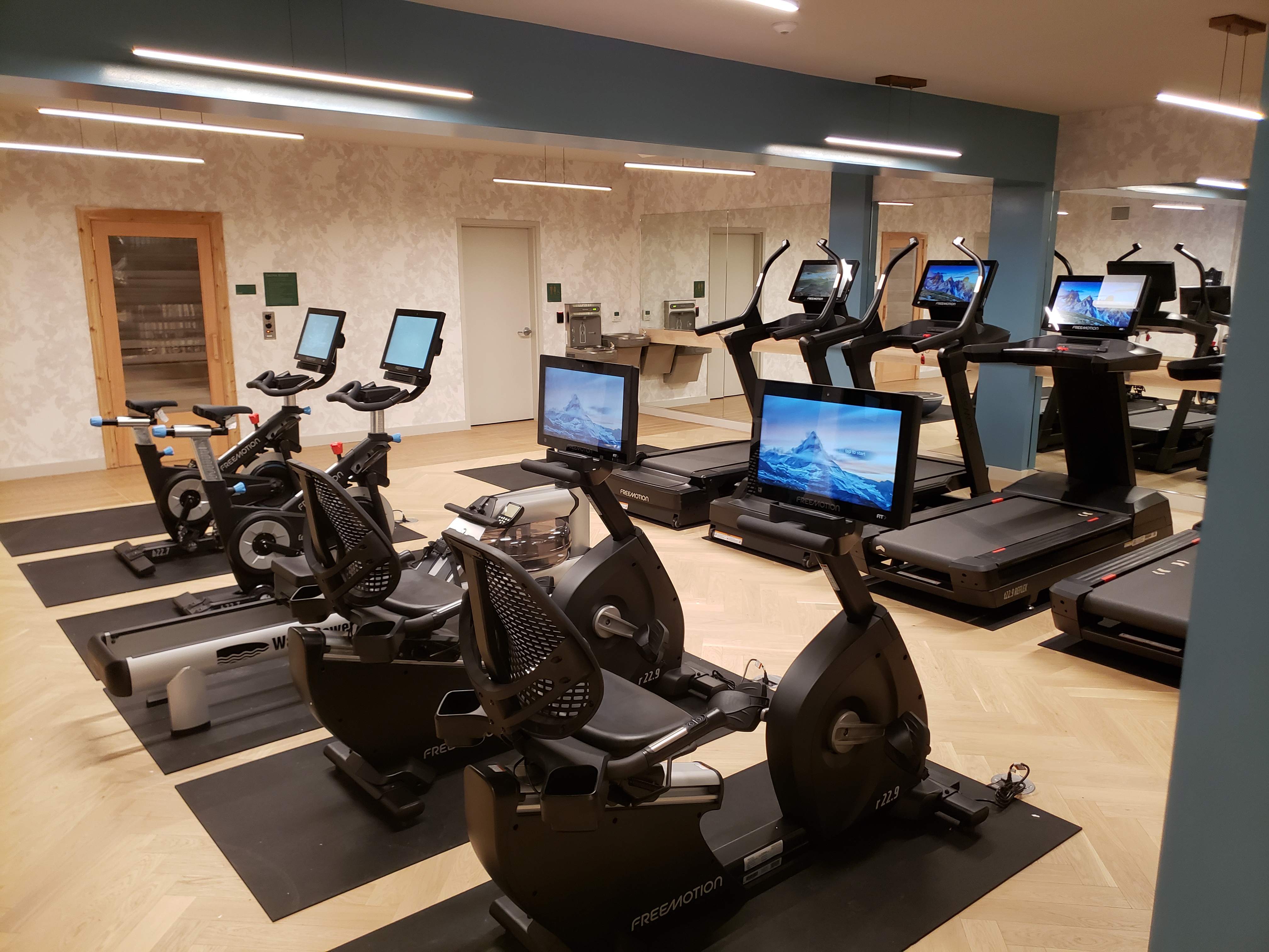 A row of indoor exercise bikes in a gym